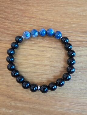 Blue Sapphire & Black Onyx Beads Bracelet, Stretch, Hand Crafted